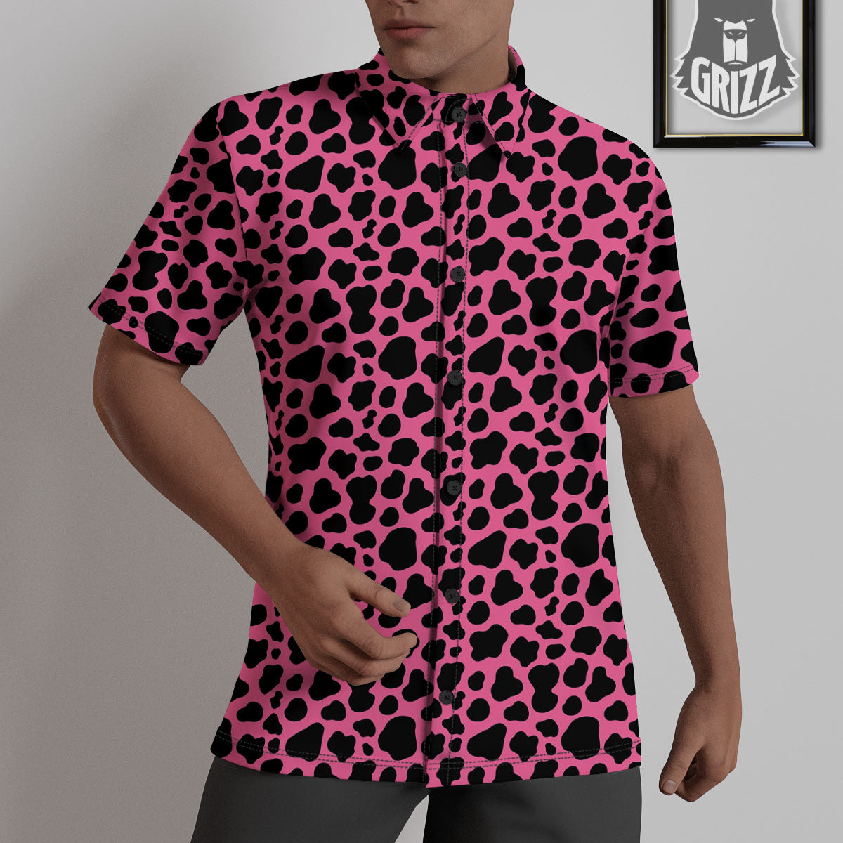 Cow Pink And Black Print Untucked Shirts-grizzshop