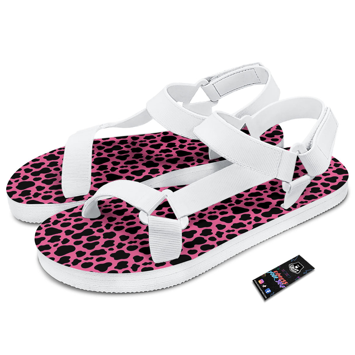 Cow Pink And Black Print White Open Toe Sandals-grizzshop