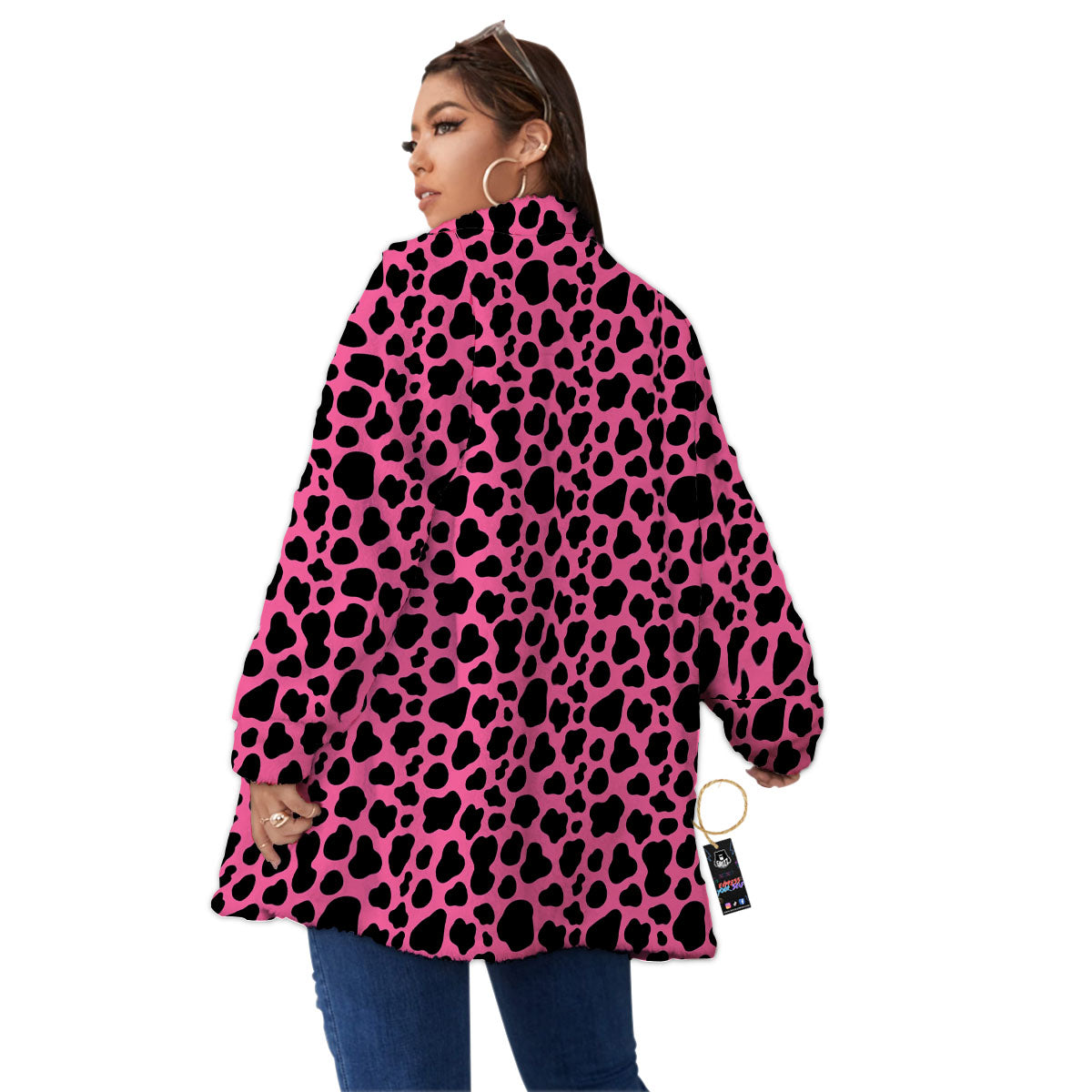 Cow Pink And Black Print Women's Sherpa Jacket-grizzshop