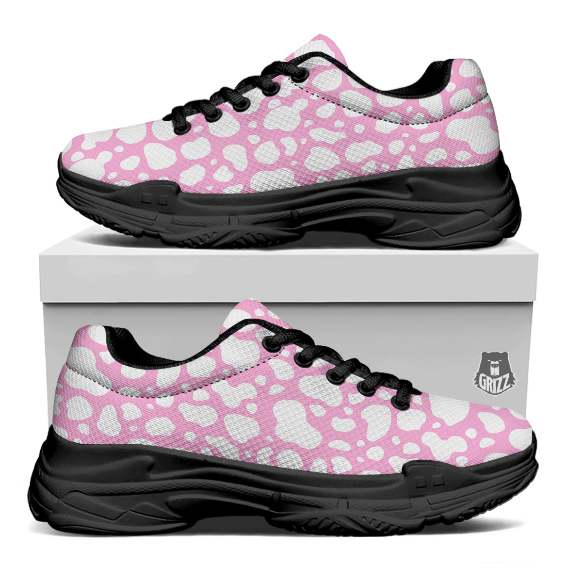 Cow Pink And White Print Pattern Black Chunky Shoes-grizzshop
