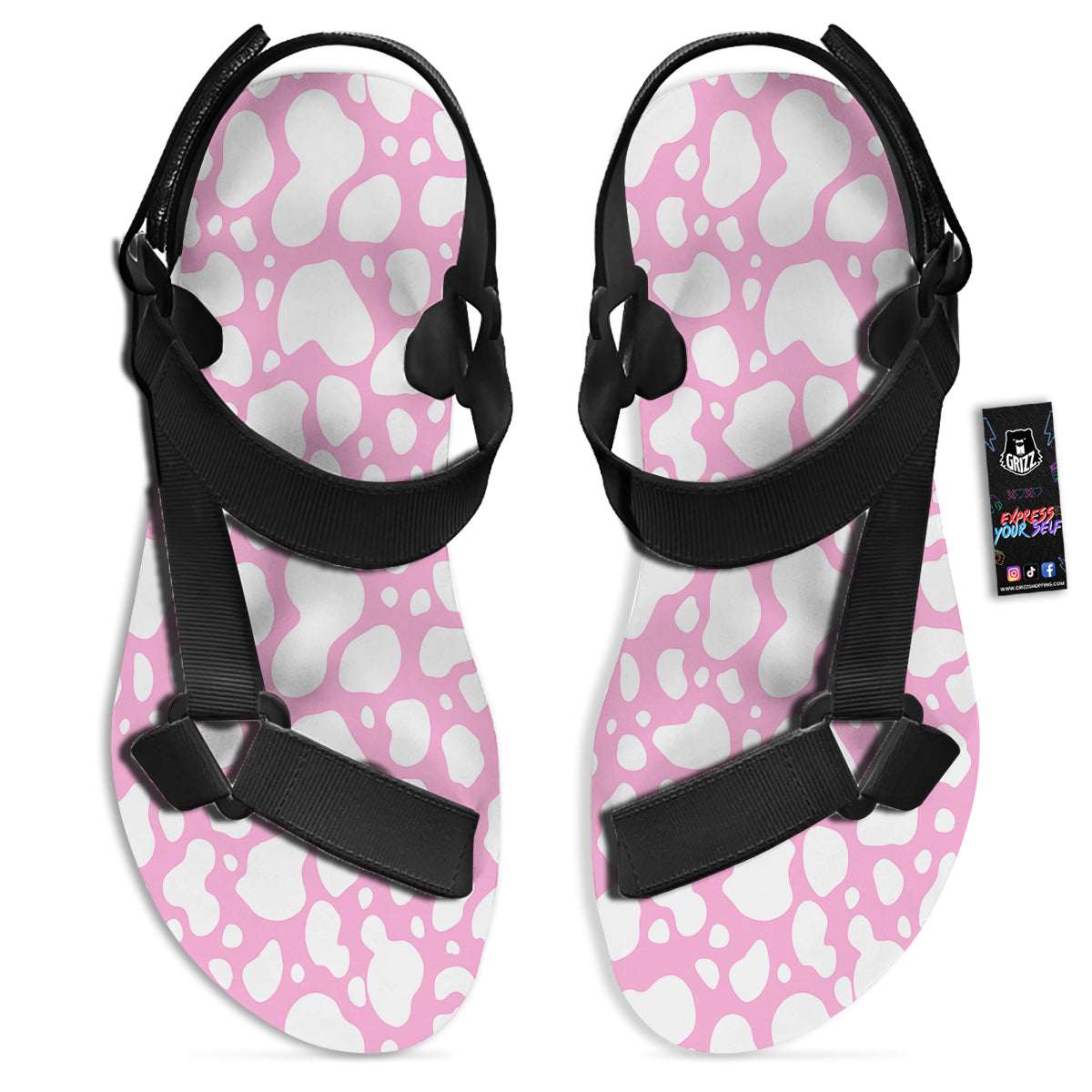 Cow Pink And White Print Pattern Black Open Toe Sandals-grizzshop
