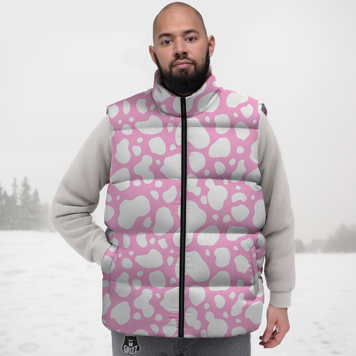 Cow Pink And White Print Pattern Down Vest