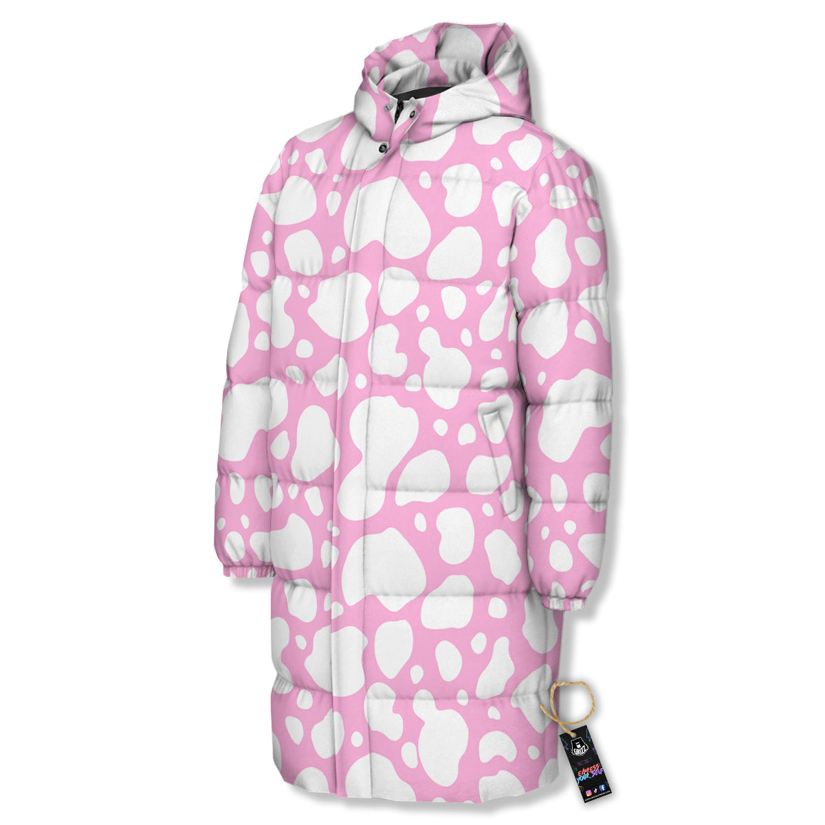 Cow Pink And White Print Pattern Long Down Jacket-grizzshop