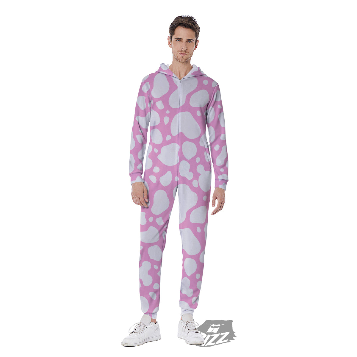 Cow Pink And White Print Pattern Men's Jumpsuit-grizzshop