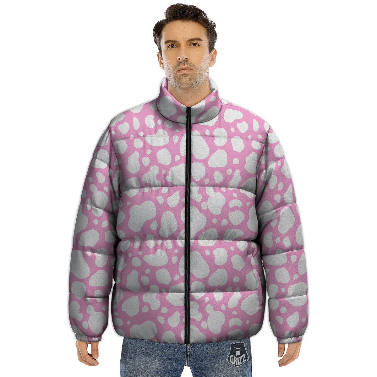 Cow Pink And White Print Pattern Puffer Jacket-grizzshop