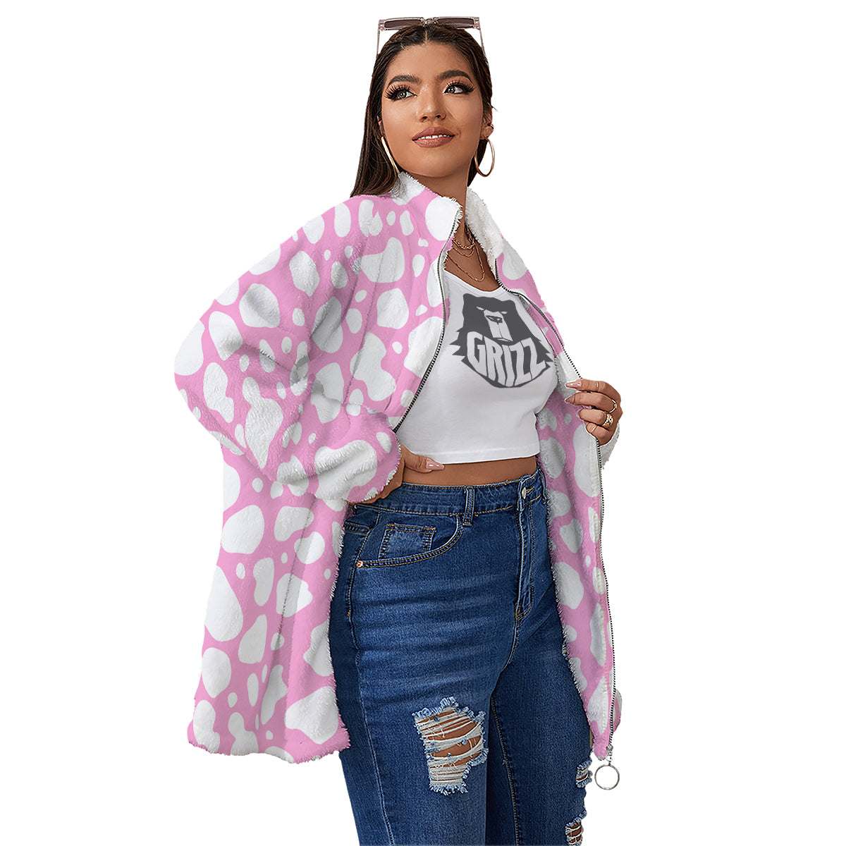 Cow Pink And White Print Pattern Women's Sherpa Jacket-grizzshop