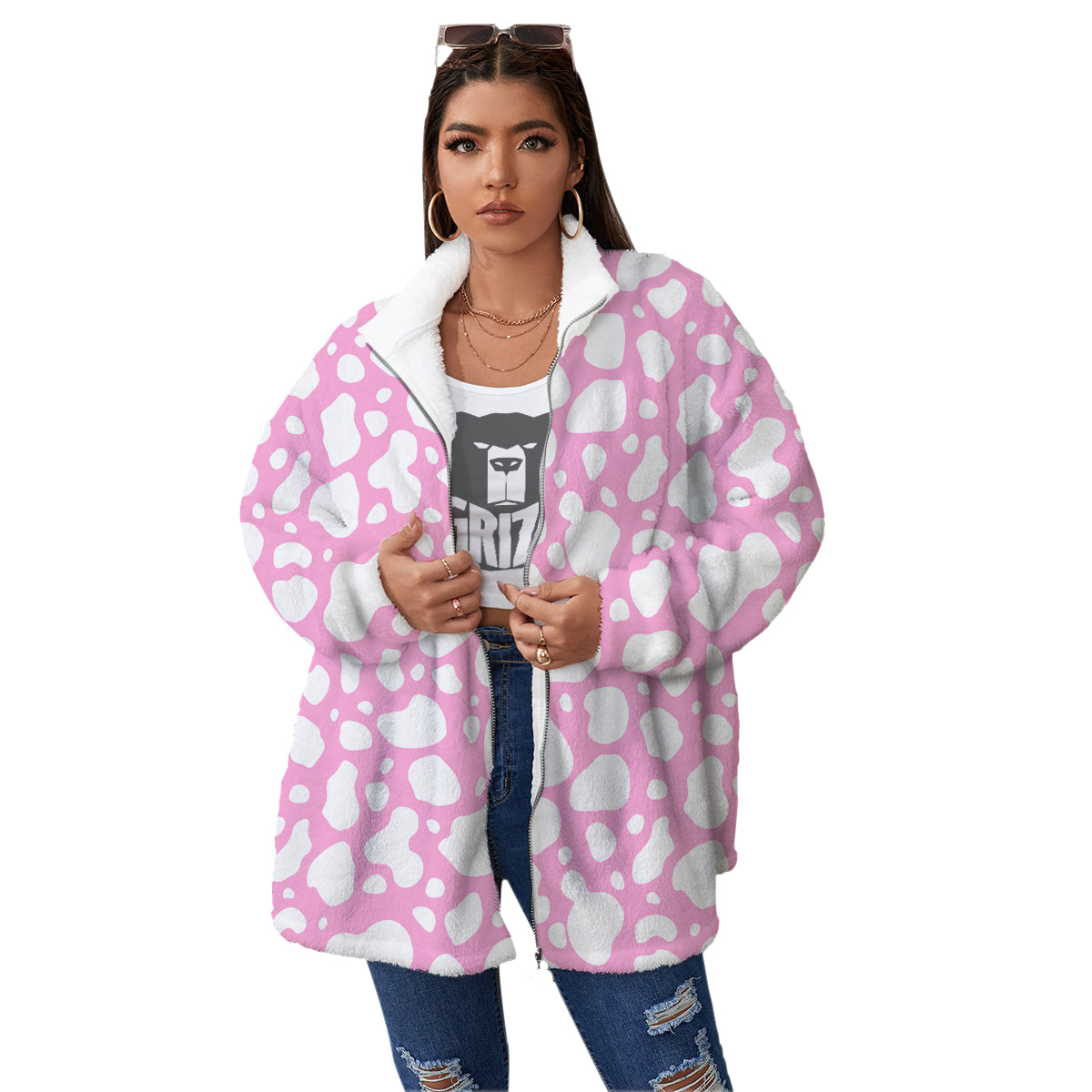 Cow Pink And White Print Pattern Women's Sherpa Jacket-grizzshop