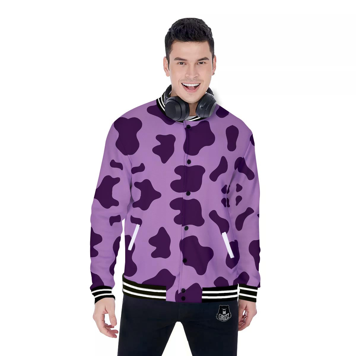 Cow Purple Print Pattern Baseball Jacket-grizzshop