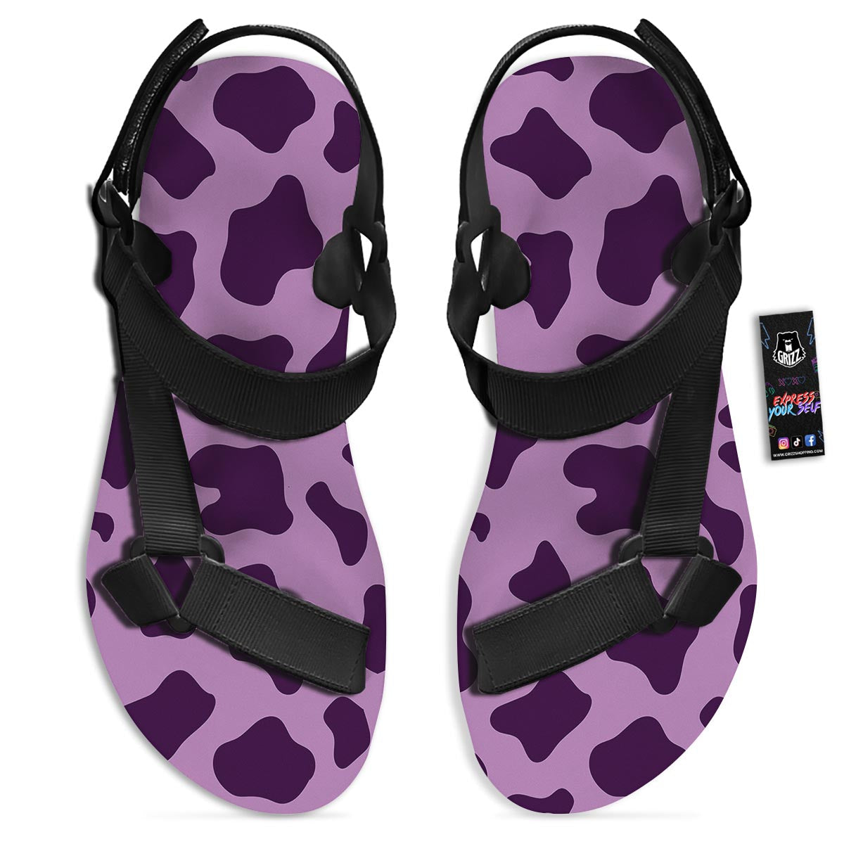 Cow Purple Print Pattern Black Open Toe Sandals-grizzshop
