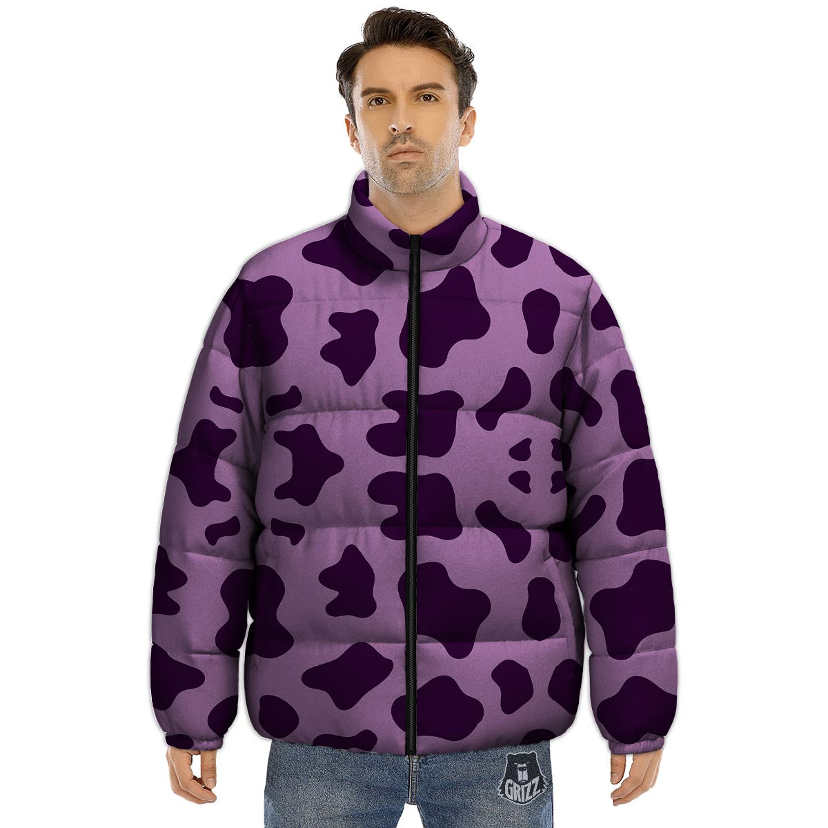 Cow Purple Print Pattern Puffer Jacket-grizzshop