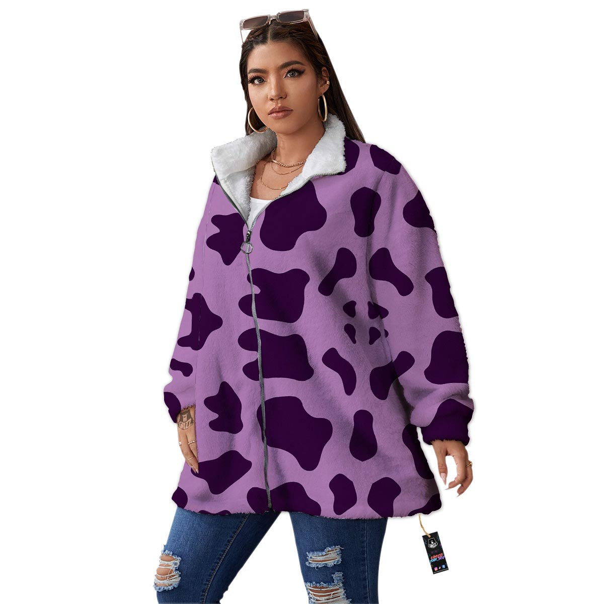 Cow Purple Print Pattern Women's Sherpa Jacket-grizzshop