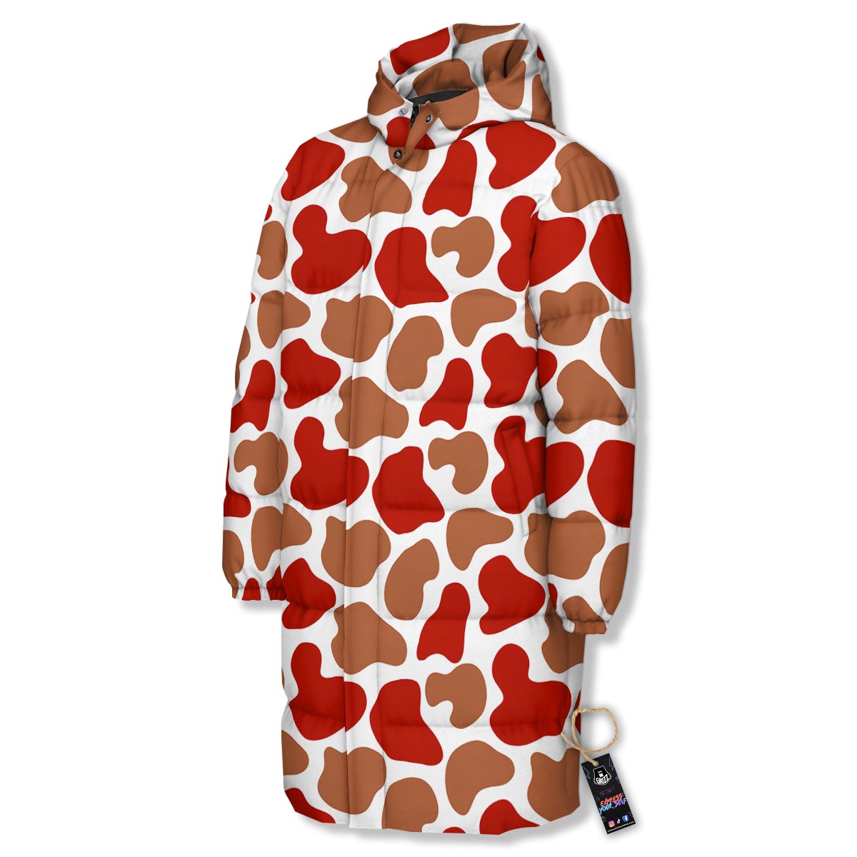 Cow Red Brown Print Pattern Long Down Jacket-grizzshop