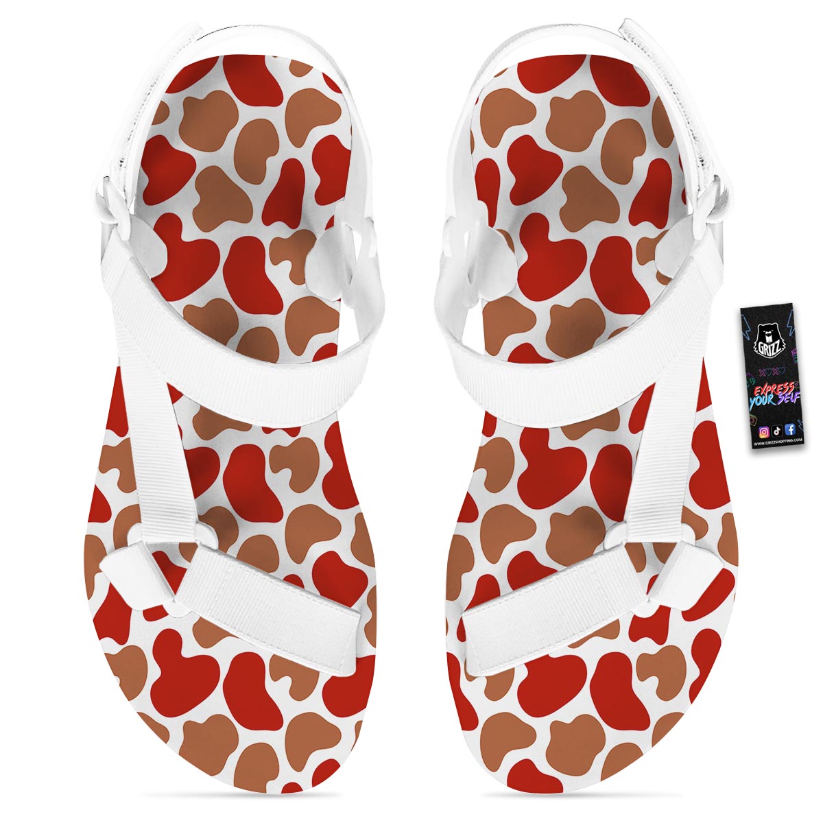 Cow Red Brown Print Pattern White Open Toe Sandals-grizzshop