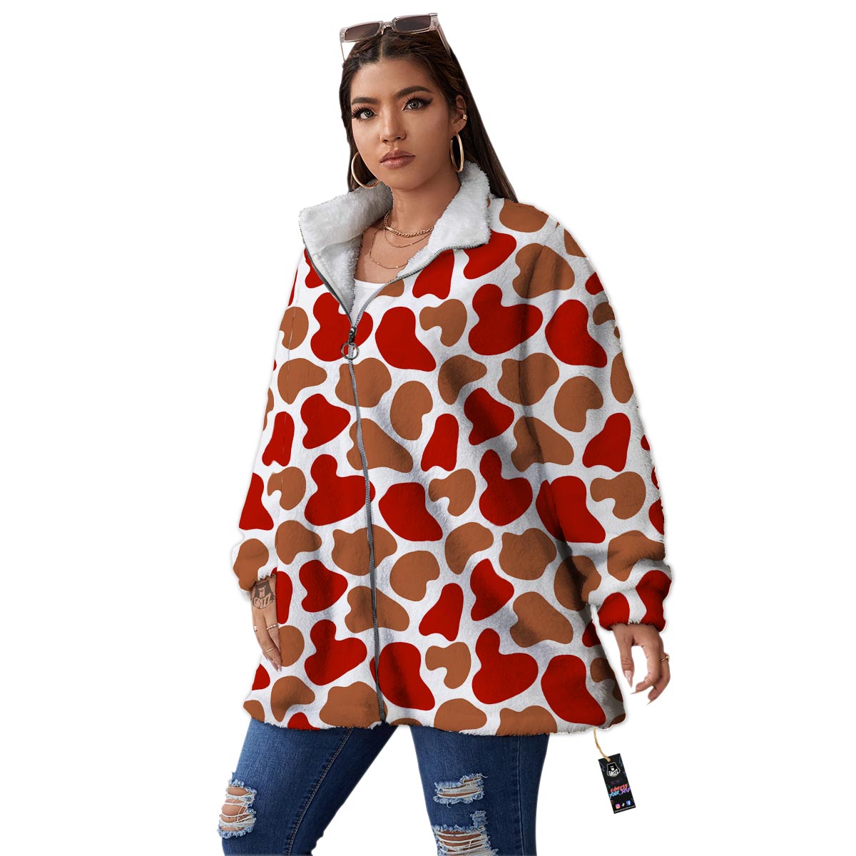 Cow Red Brown Print Pattern Women's Sherpa Jacket-grizzshop