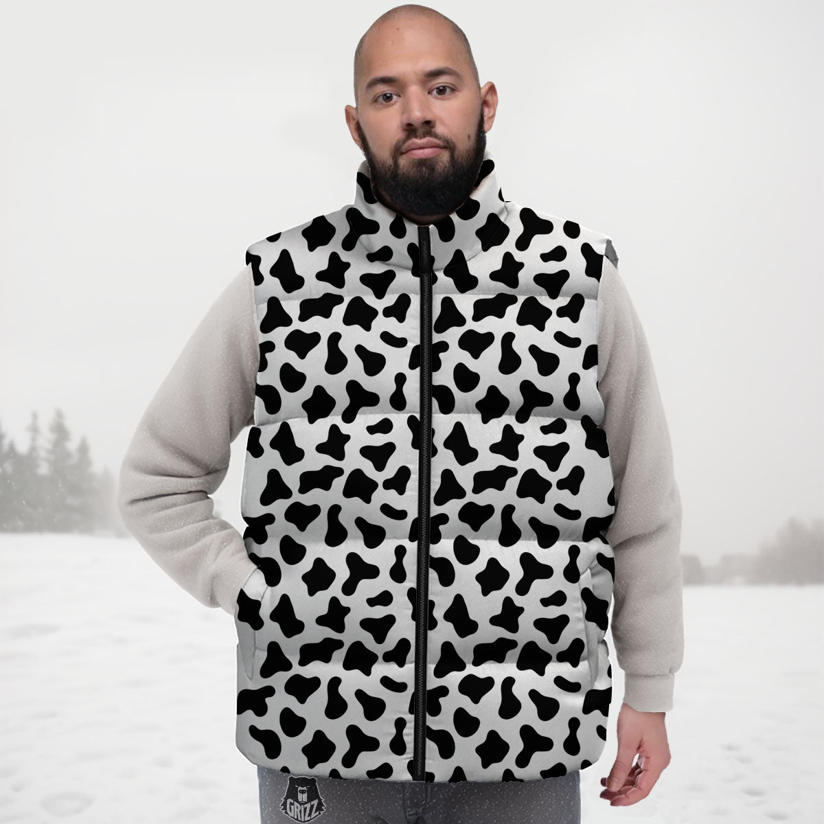 Cow White And Black Print Pattern Down Vest