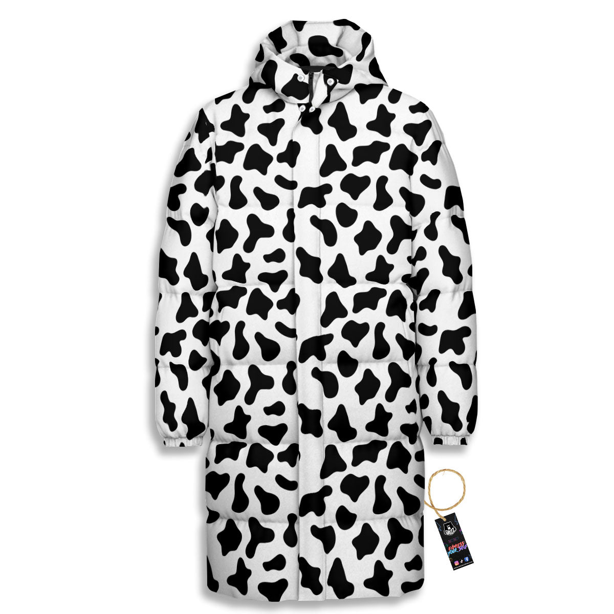 Cow White And Black Print Pattern Long Down Jacket-grizzshop