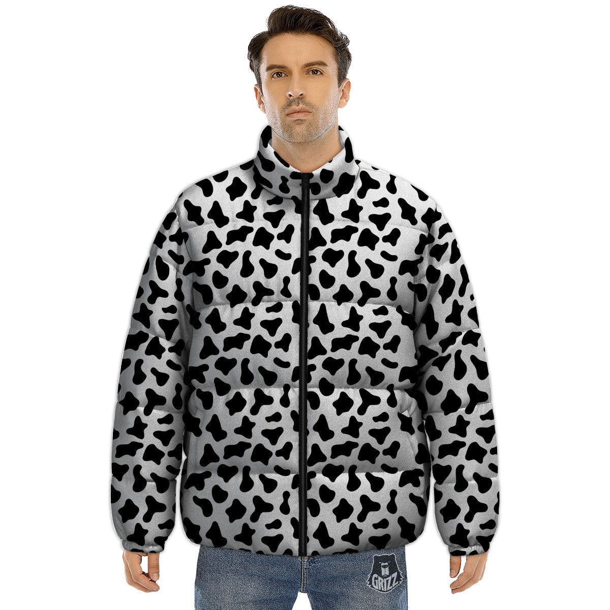 Cow White And Black Print Pattern Puffer Jacket-grizzshop