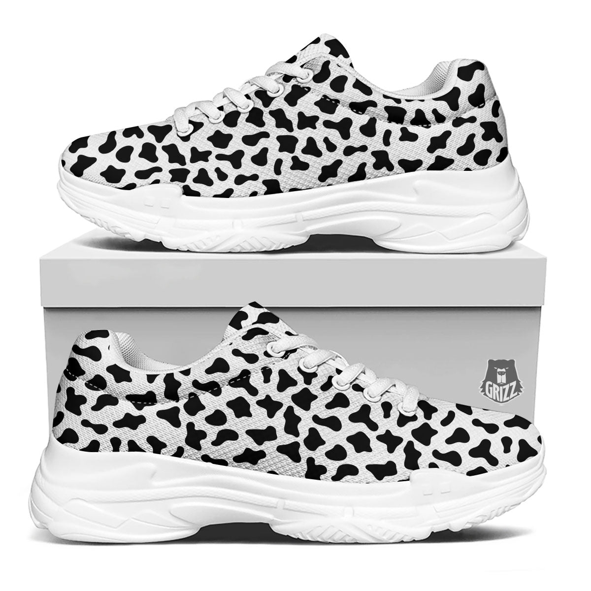 Cow White And Black Print Pattern White Chunky Shoes-grizzshop