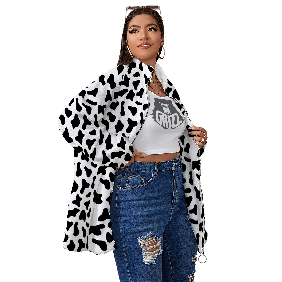 Cow White And Black Print Pattern Women's Sherpa Jacket-grizzshop