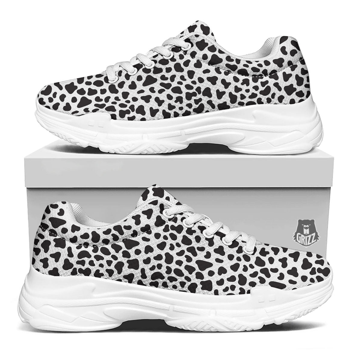 Cow White And Black Print White Chunky Shoes-grizzshop