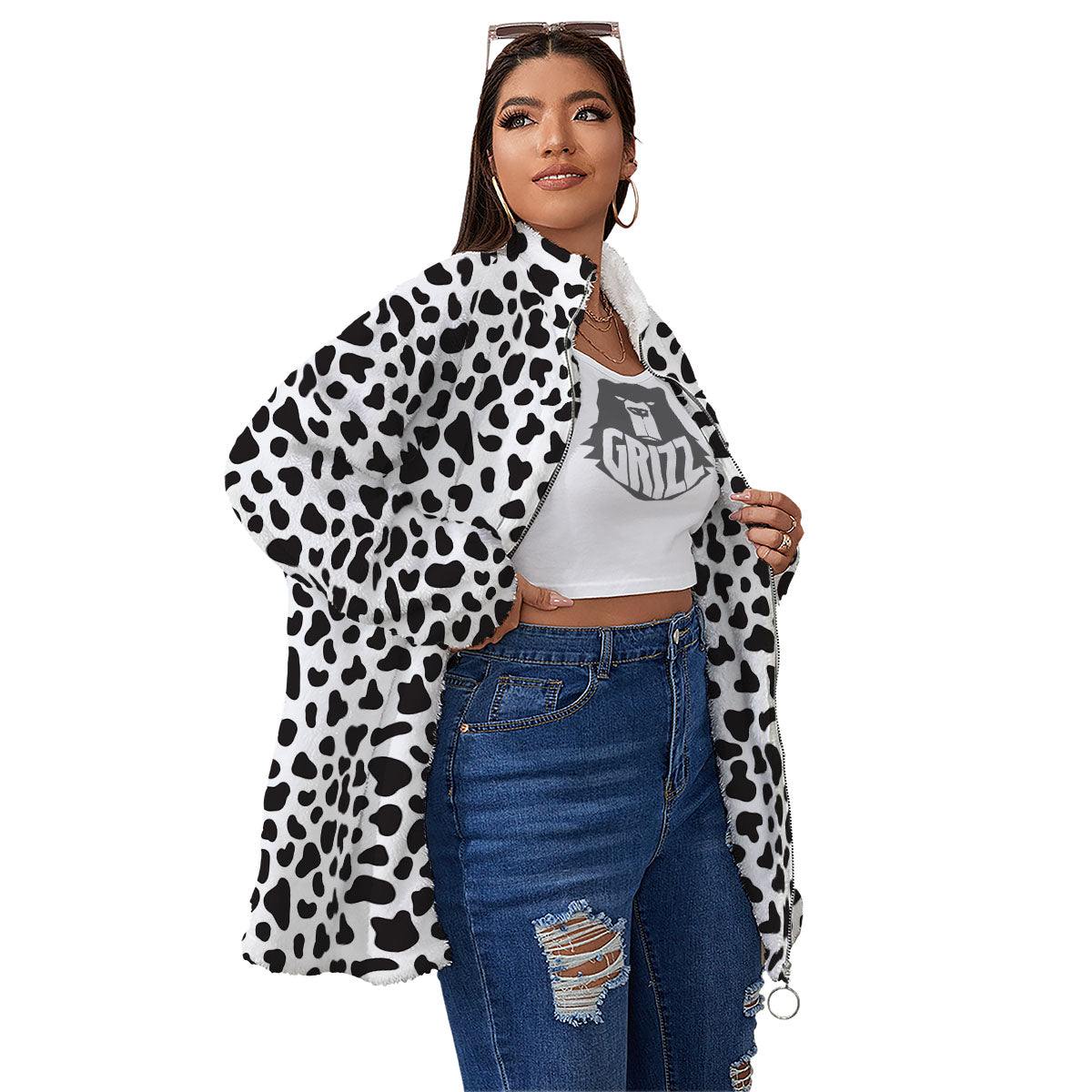 Cow White And Black Print Women's Sherpa Jacket-grizzshop