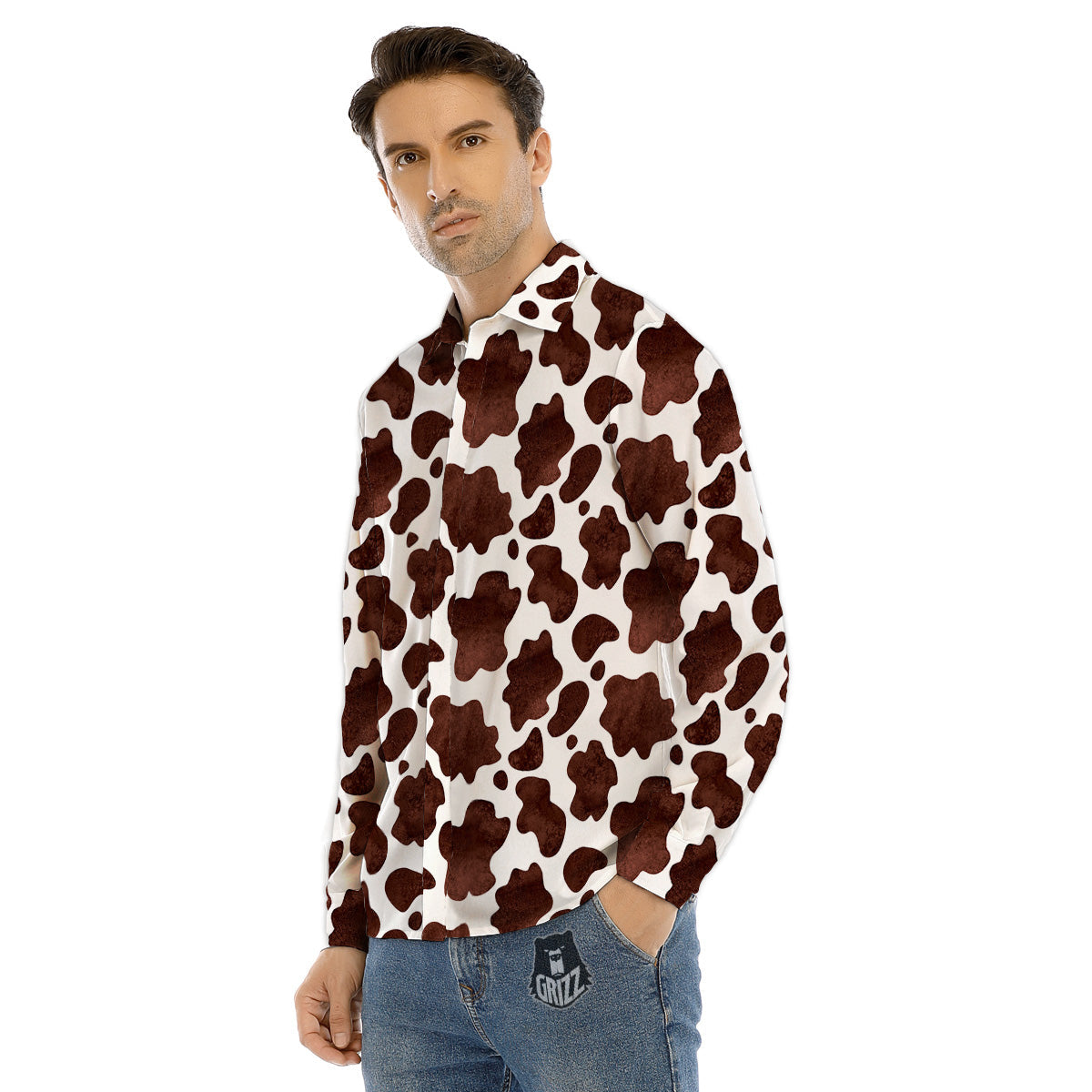 Cow White And Brown Print Men's Dress Shirts-grizzshop