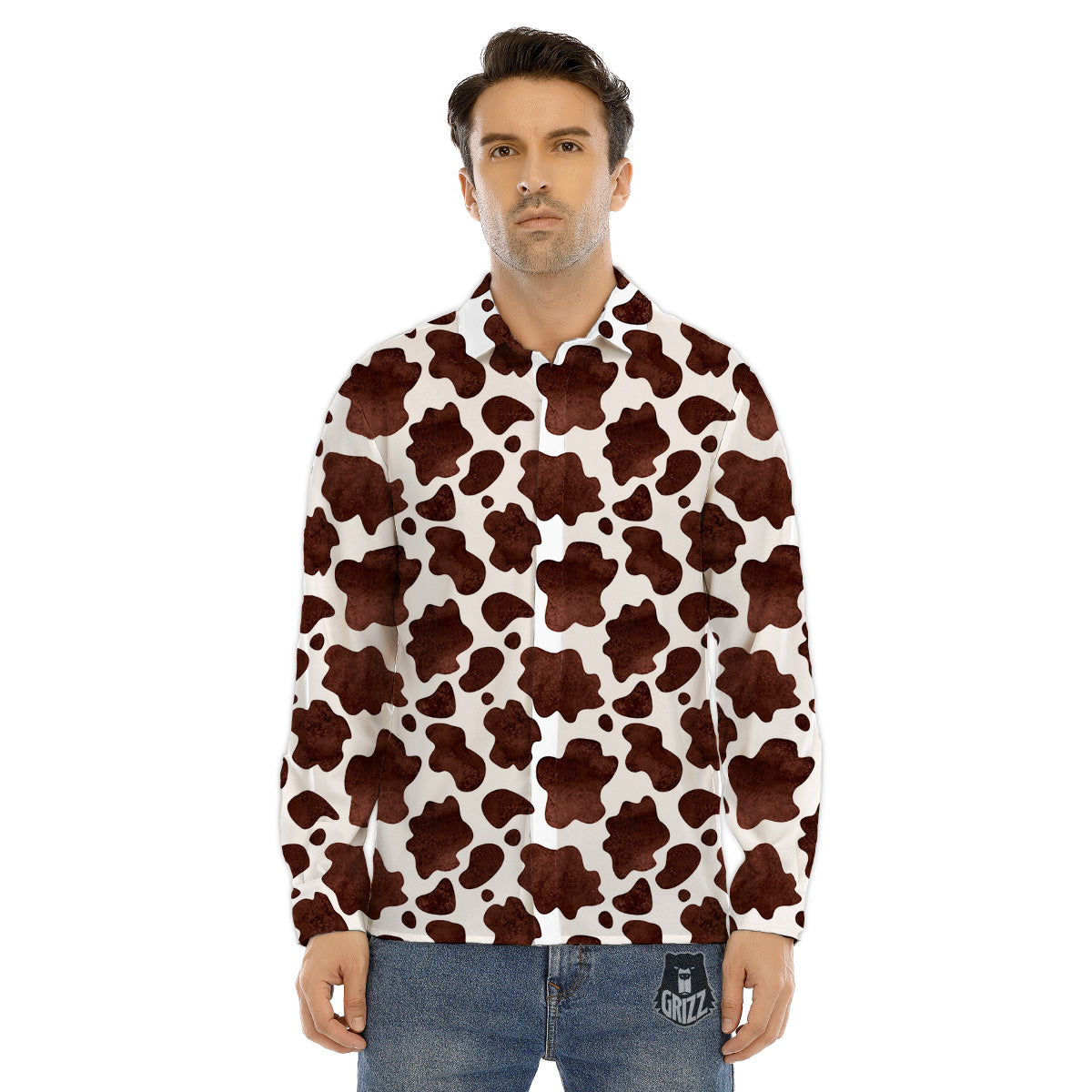 Cow White And Brown Print Men's Dress Shirts-grizzshop
