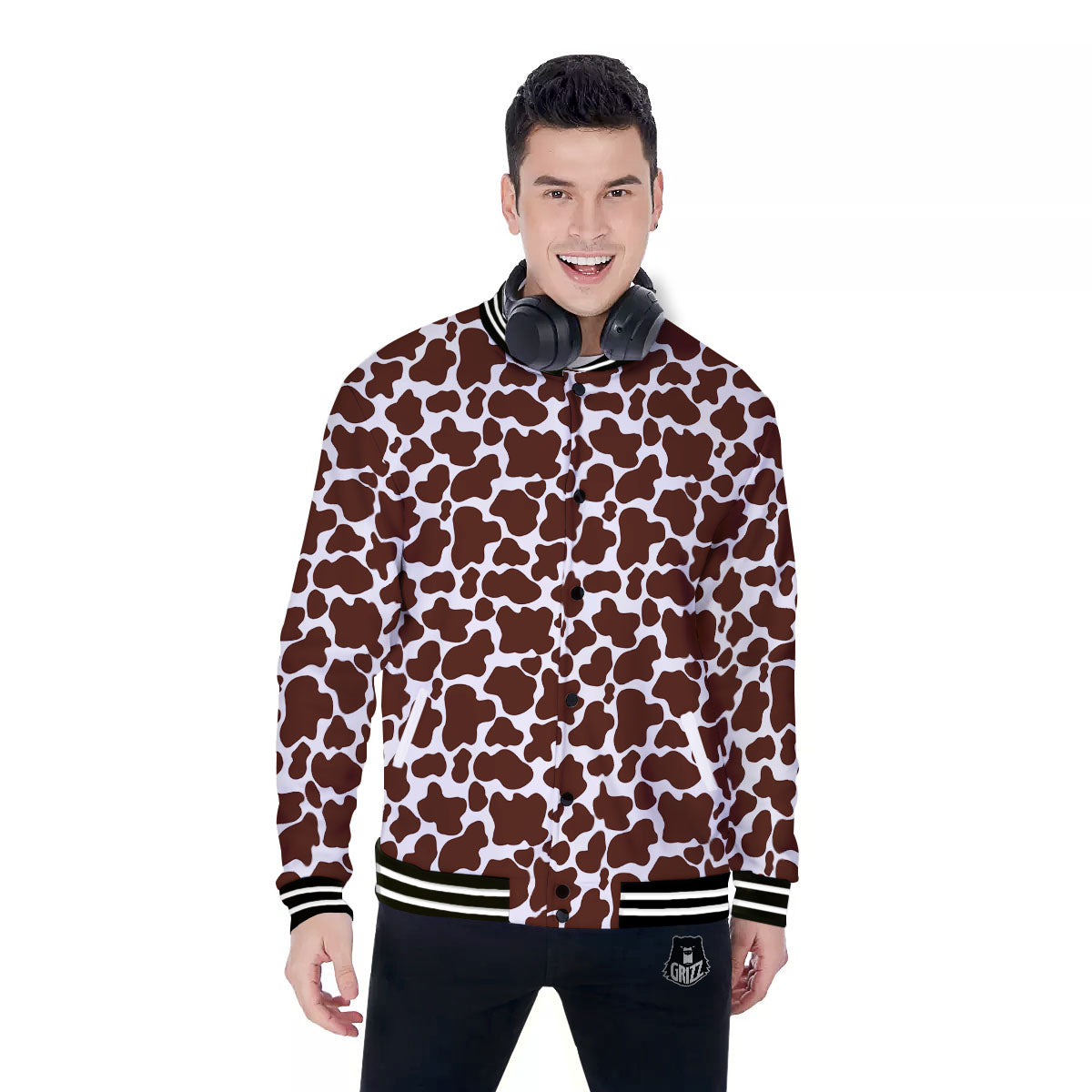 Cow White And Brown Print Pattern Baseball Jacket-grizzshop