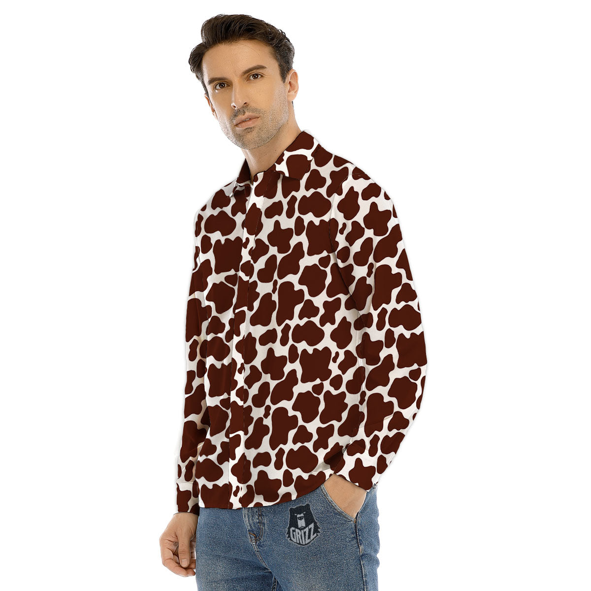 Cow White And Brown Print Pattern Men's Dress Shirts-grizzshop