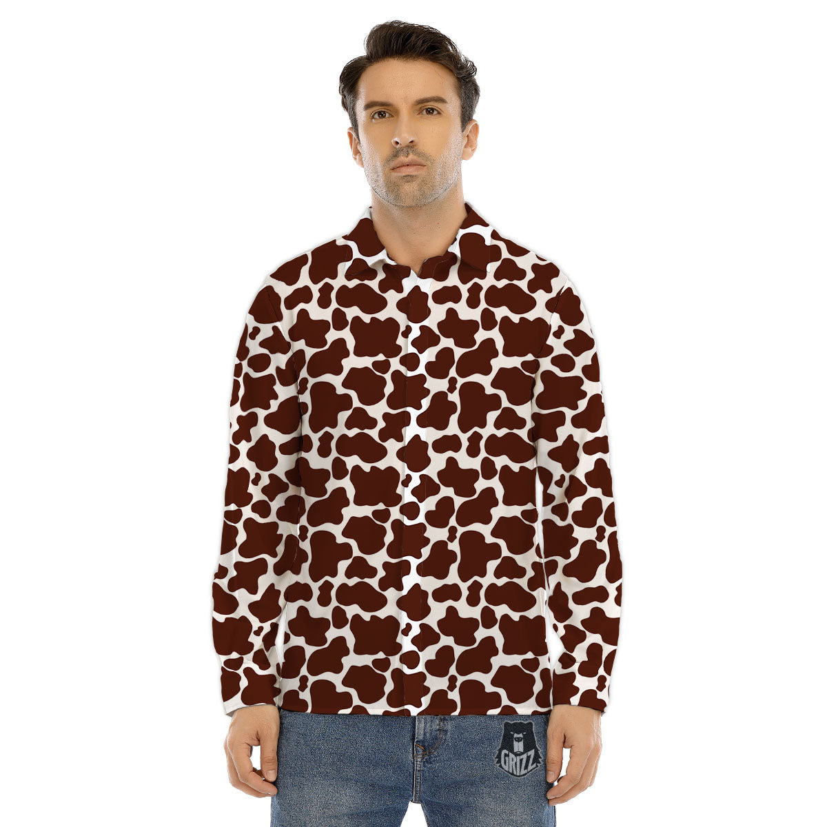 Cow White And Brown Print Pattern Men's Dress Shirts-grizzshop