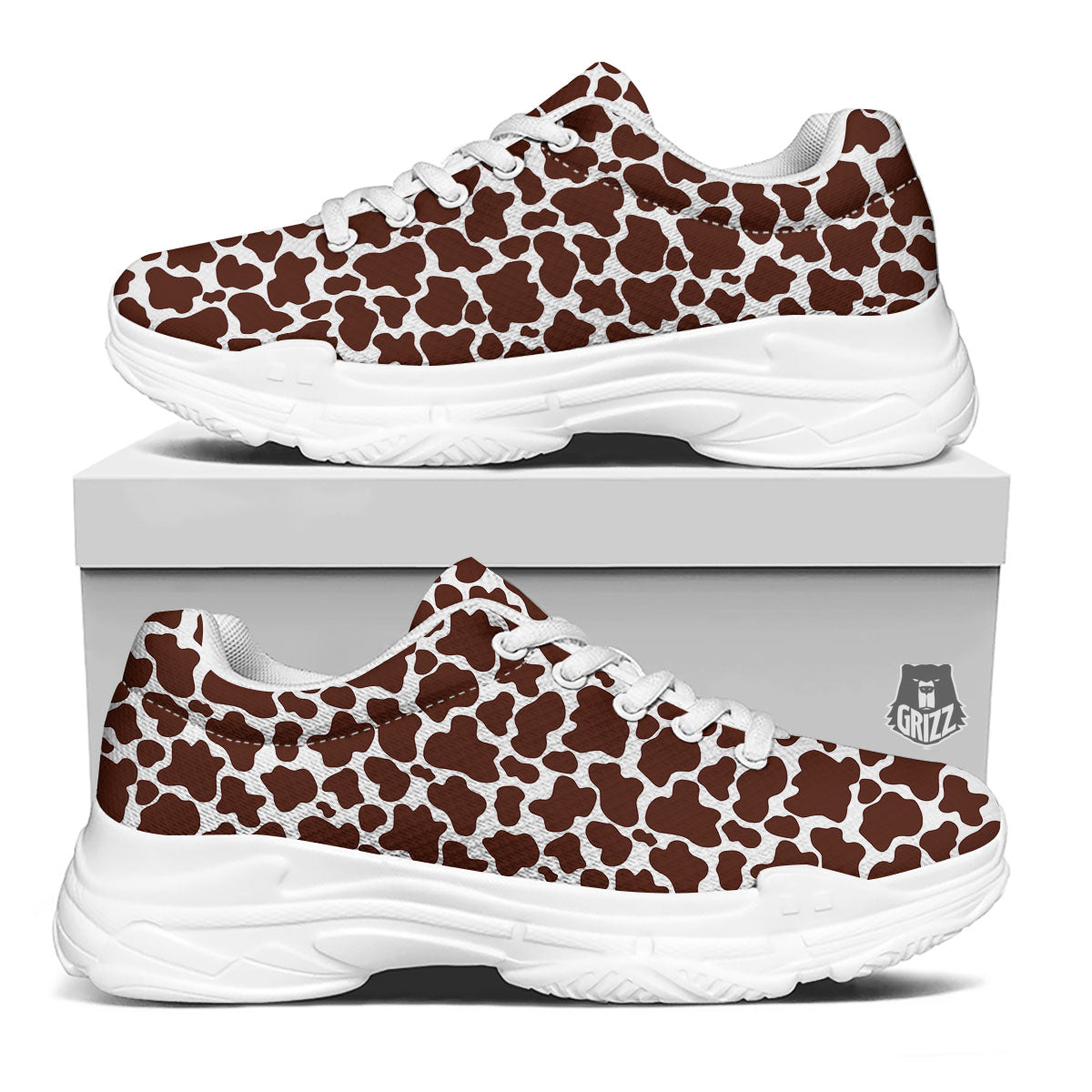 Cow White And Brown Print Pattern White Chunky Shoes-grizzshop