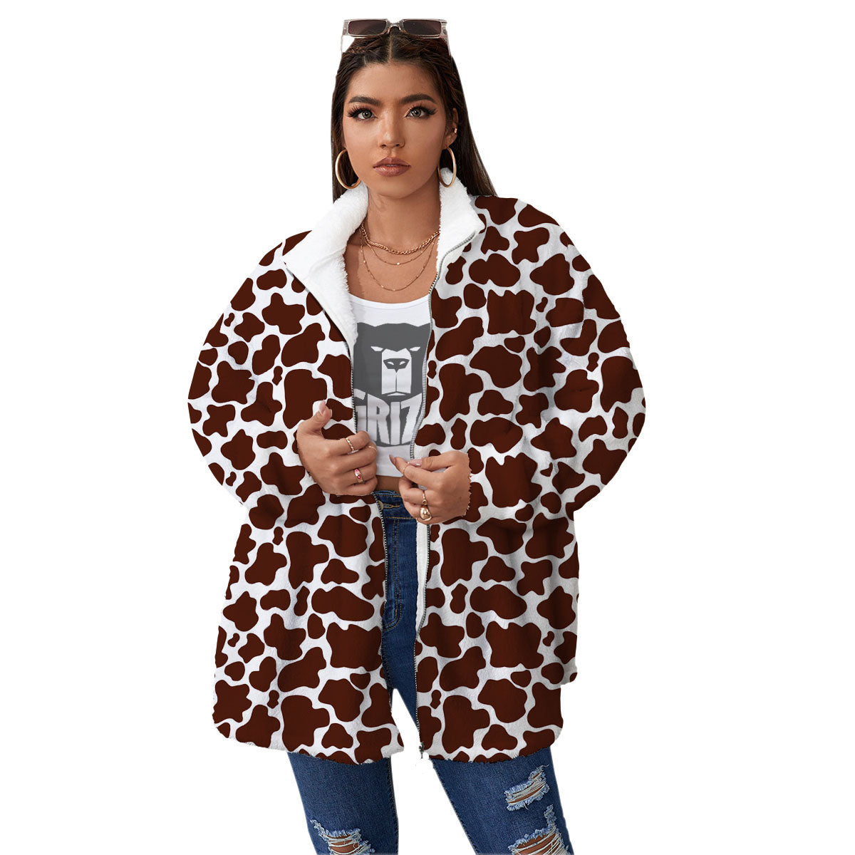 Cow White And Brown Print Pattern Women's Sherpa Jacket-grizzshop