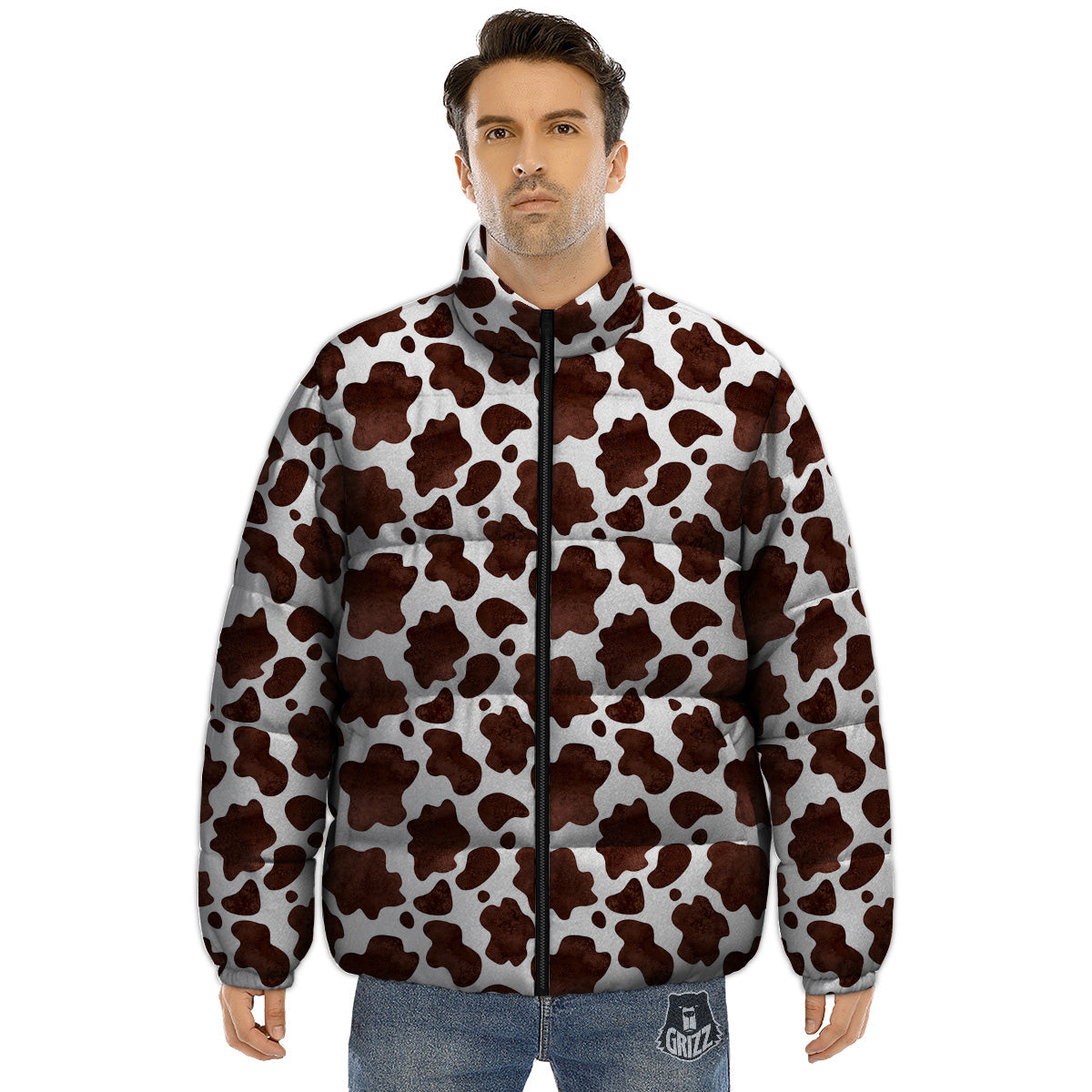 Cow White And Brown Print Puffer Jacket-grizzshop