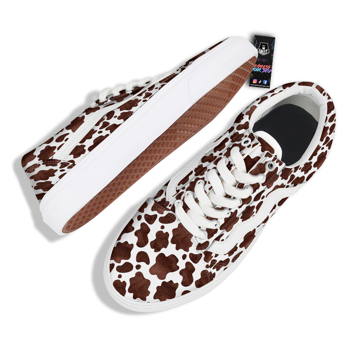 Cow White And Brown Print Skate Shoes-grizzshop