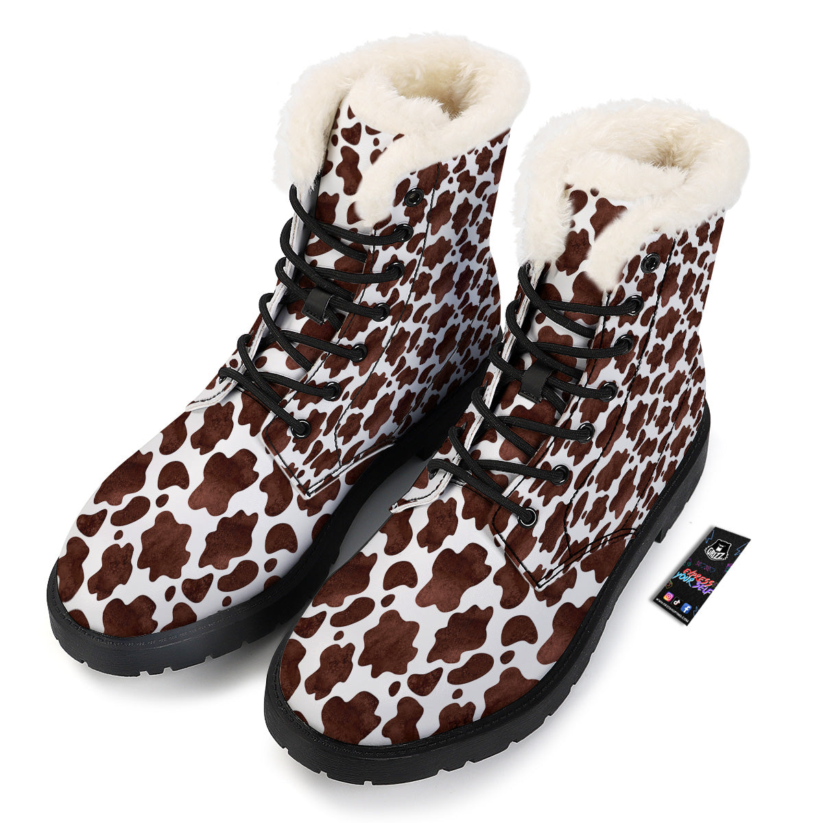 Cow White And Brown Print Winter Boots-grizzshop