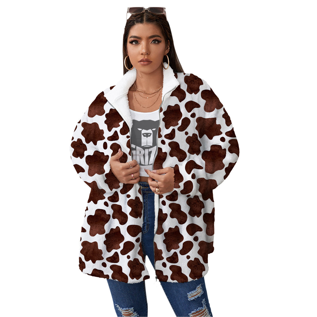 Cow White And Brown Print Women's Sherpa Jacket-grizzshop