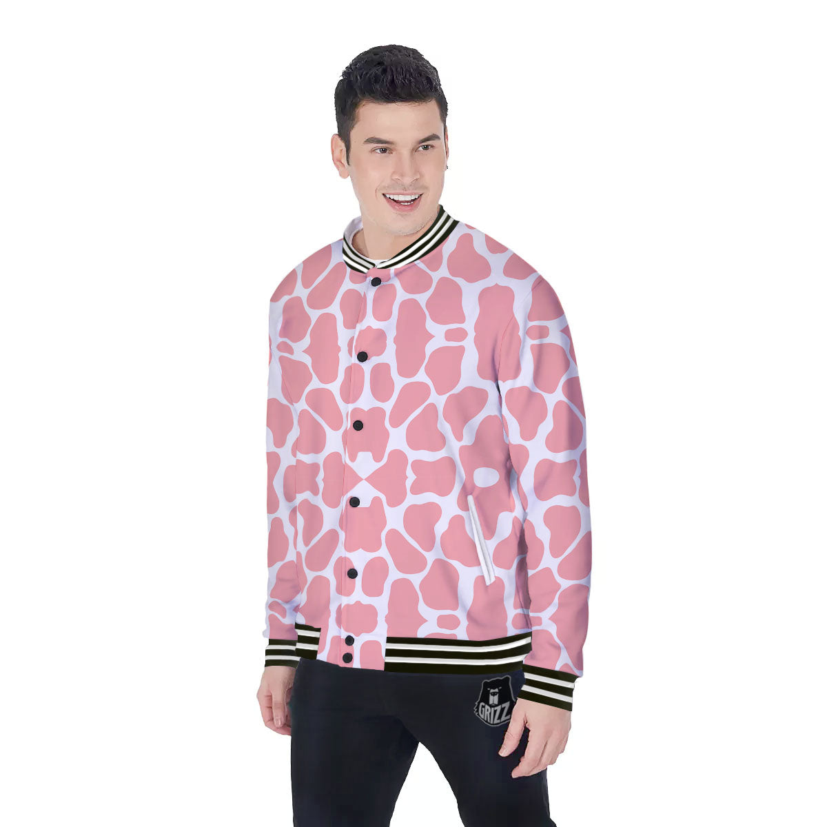 Cow White And Pink Print Baseball Jacket-grizzshop