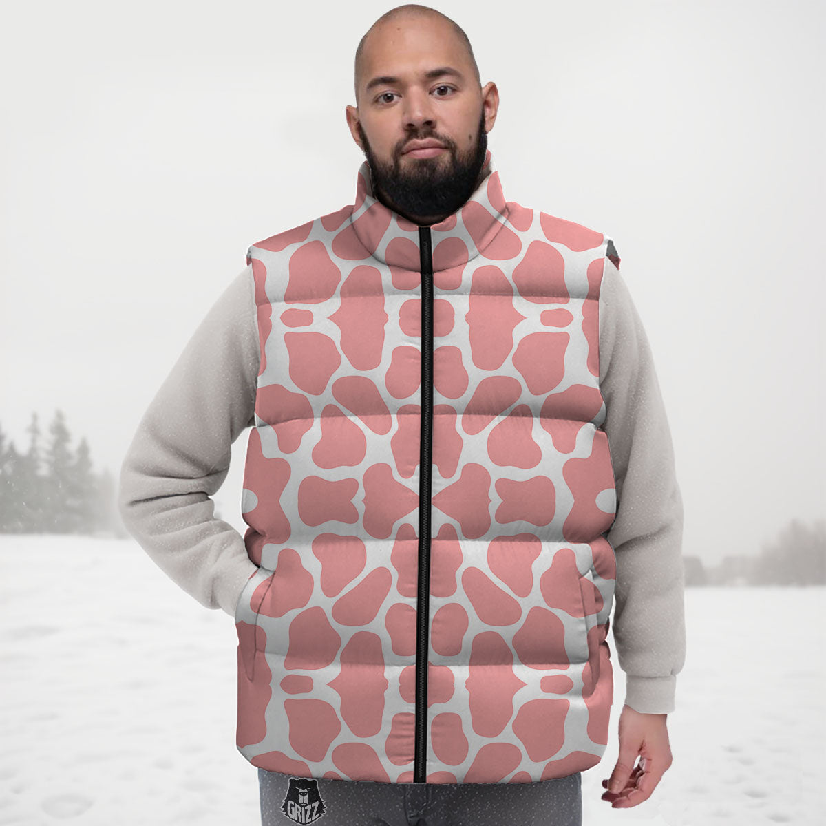 Cow White And Pink Print Down Vest