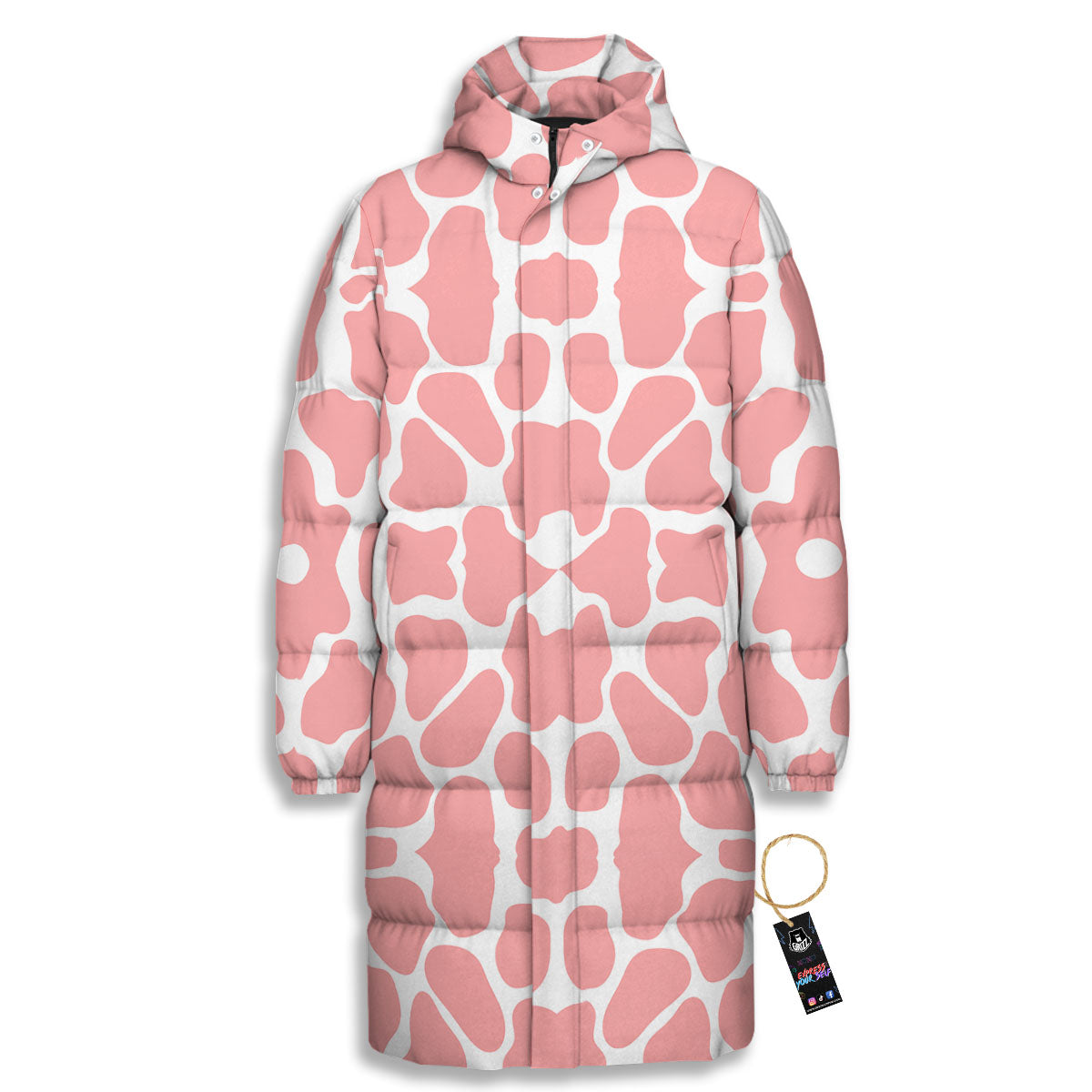 Cow White And Pink Print Long Down Jacket-grizzshop