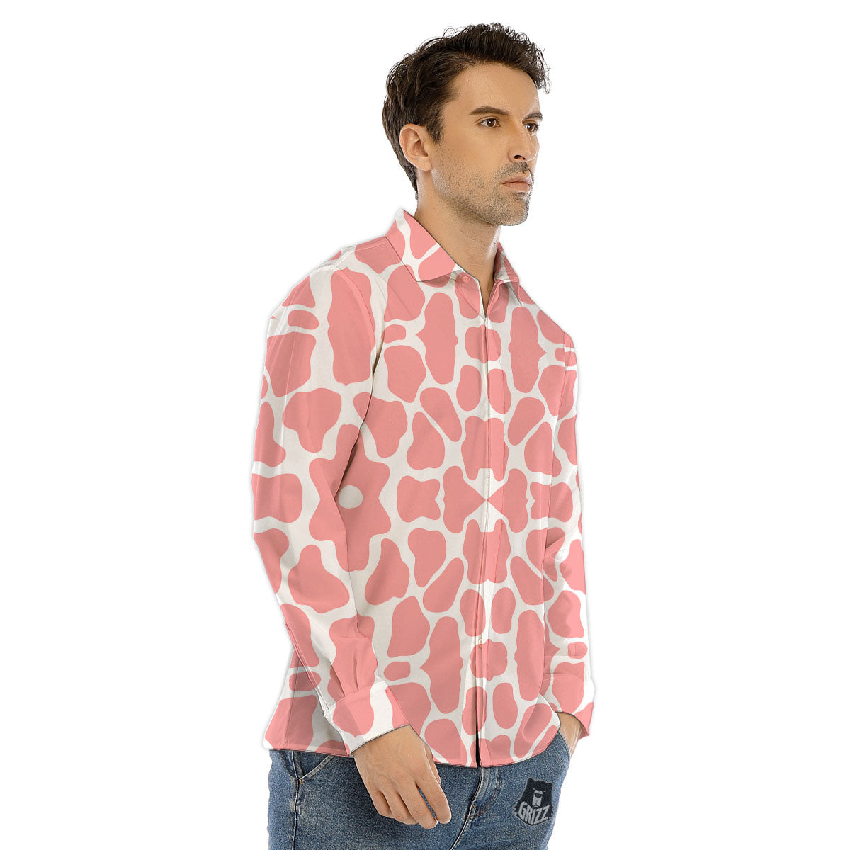 Cow White And Pink Print Men's Dress Shirts-grizzshop