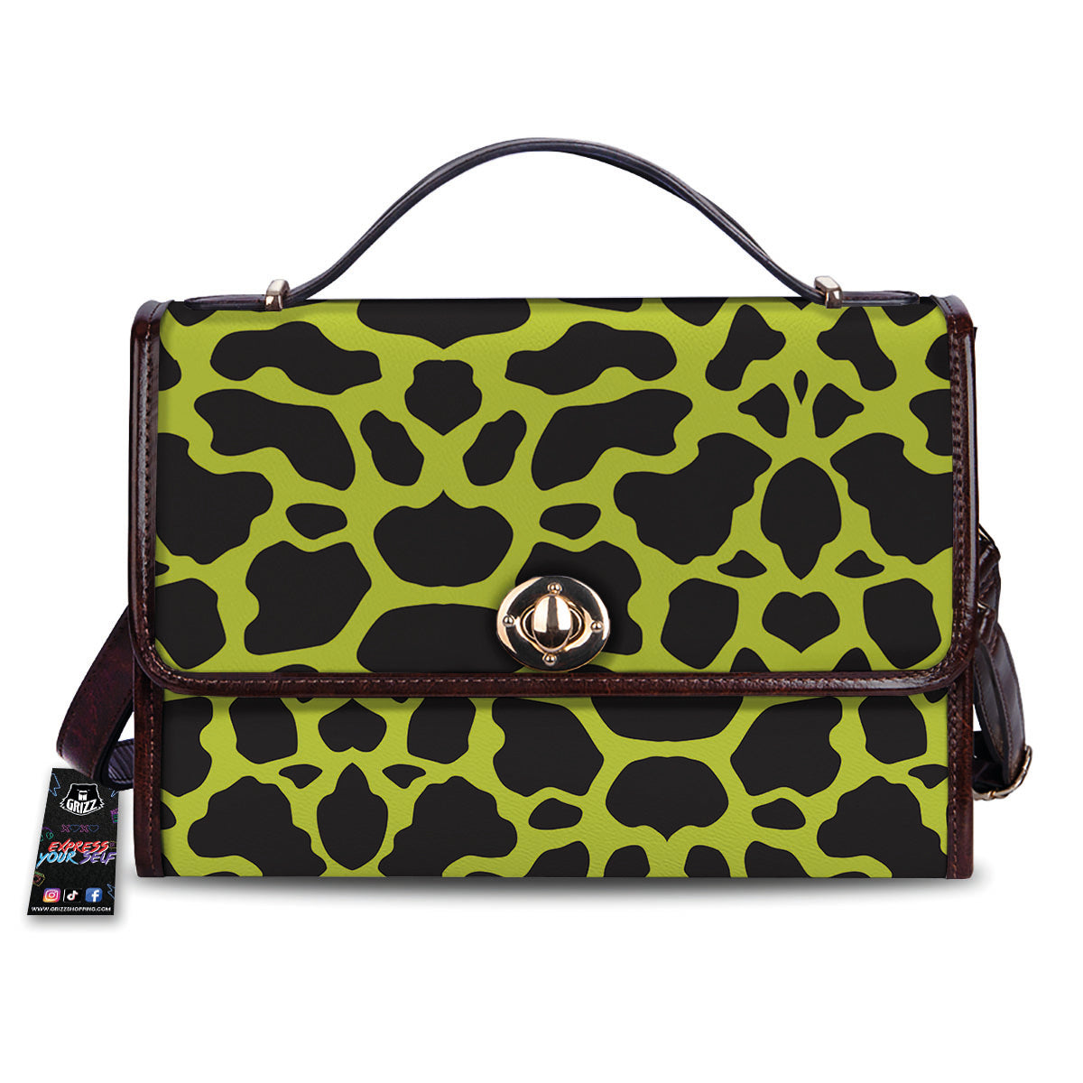 Cow Black And Lime Green Print Pattern Women's Satchel Bag