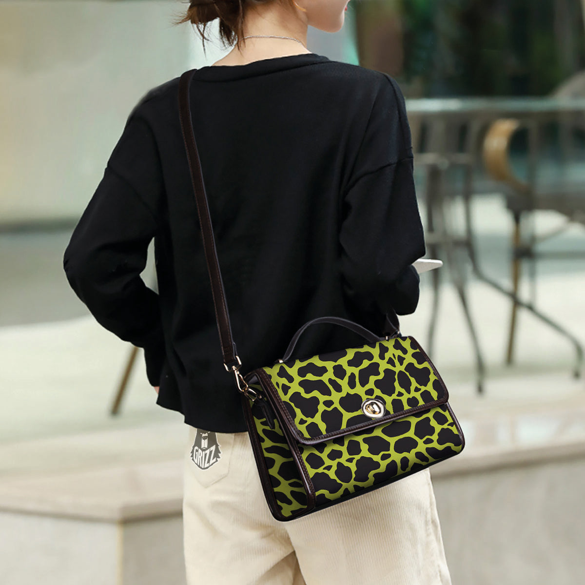 Cow Black And Lime Green Print Pattern Women's Satchel Bag