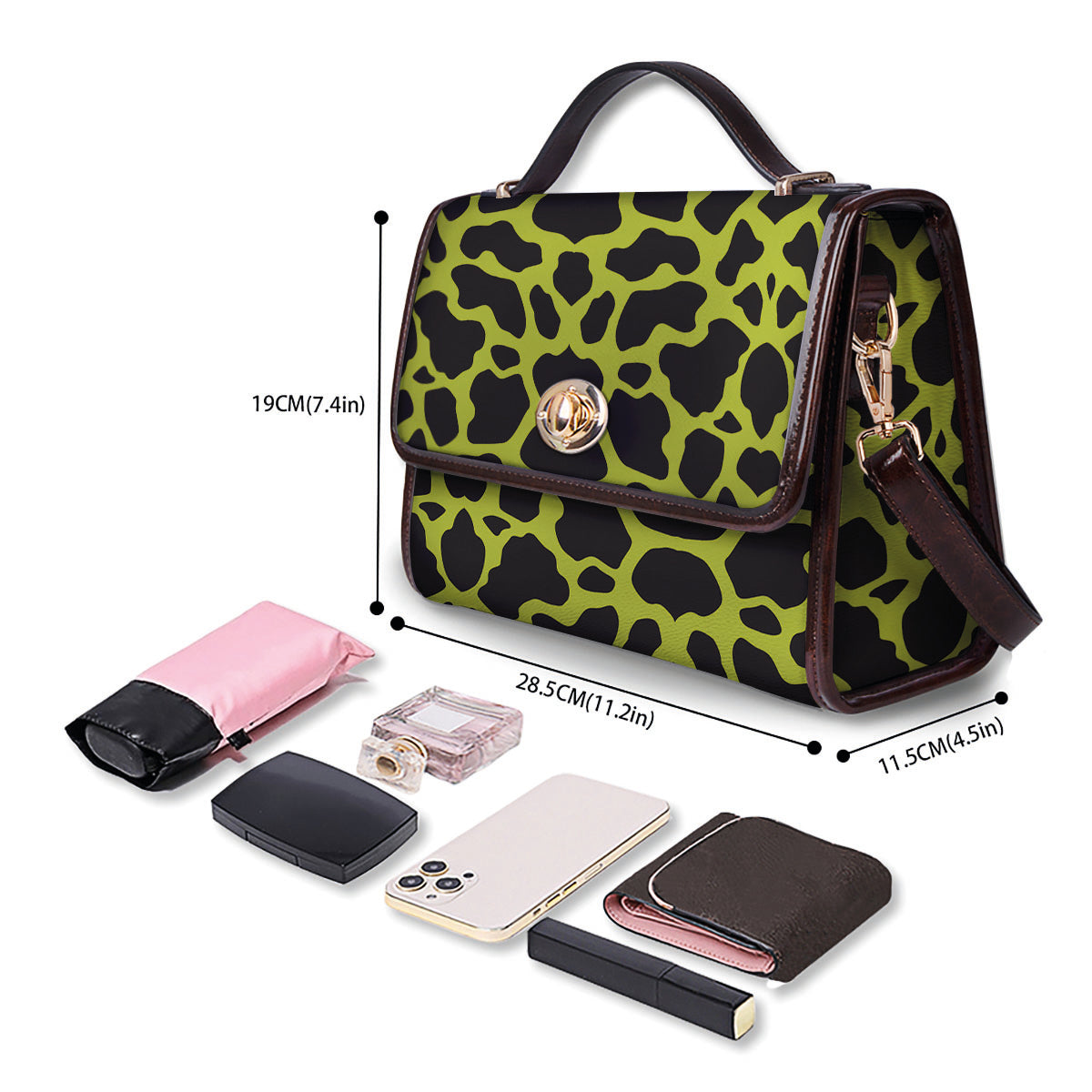 Cow Black And Lime Green Print Pattern Women's Satchel Bag
