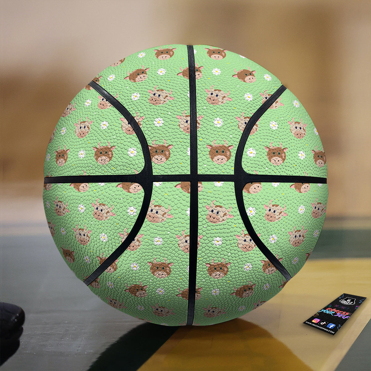 Cow Cartoon And Daisy Flower Print Basketball