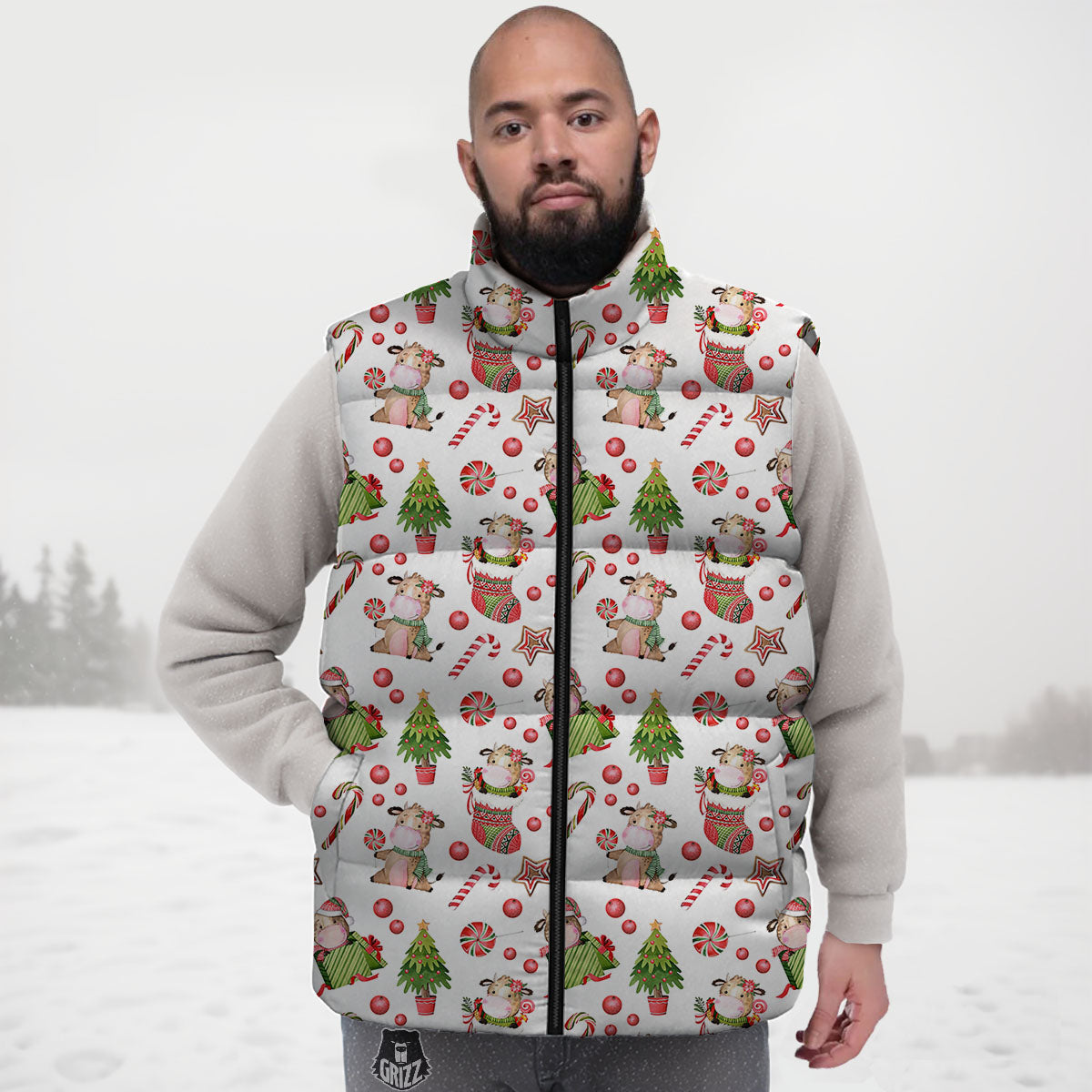 Cow Christmas Print Pattern Down Vest