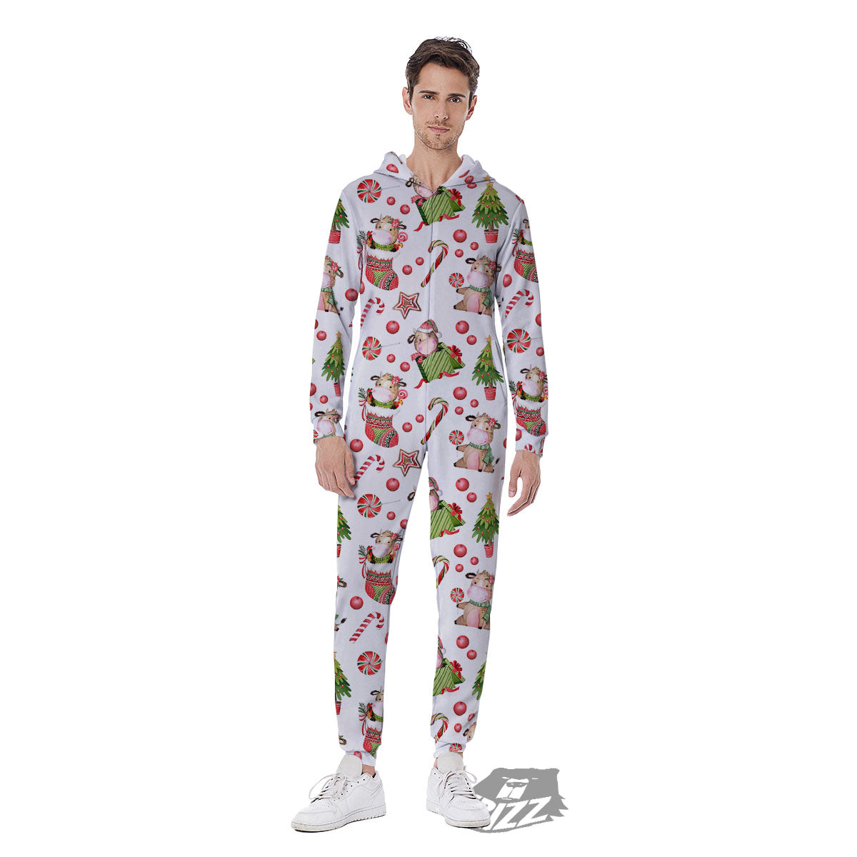 Cow Christmas Print Pattern Men's Jumpsuit-grizzshop