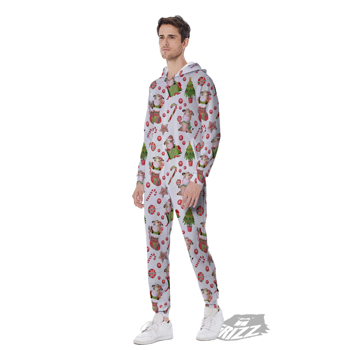 Cow Christmas Print Pattern Men's Jumpsuit-grizzshop