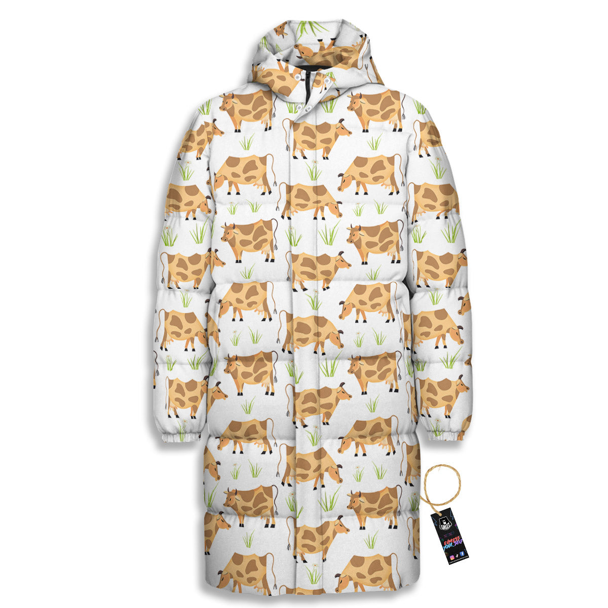 Cow Farm Cartoon Dairy Print Pattern Long Down Jacket