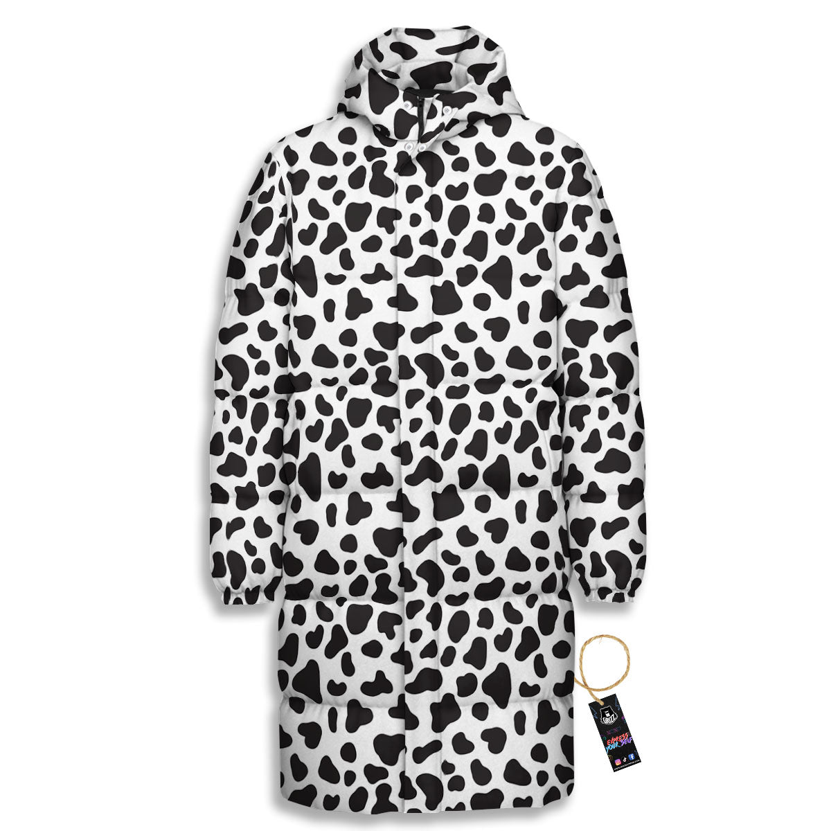 Cow White And Black Print Long Down Jacket