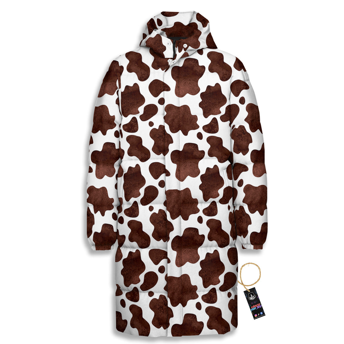 Cow White And Brown Print Long Down Jacket